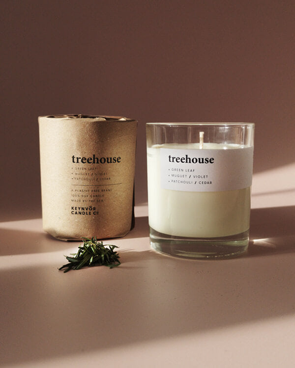 treehouse - gift wrapped clear glass candle