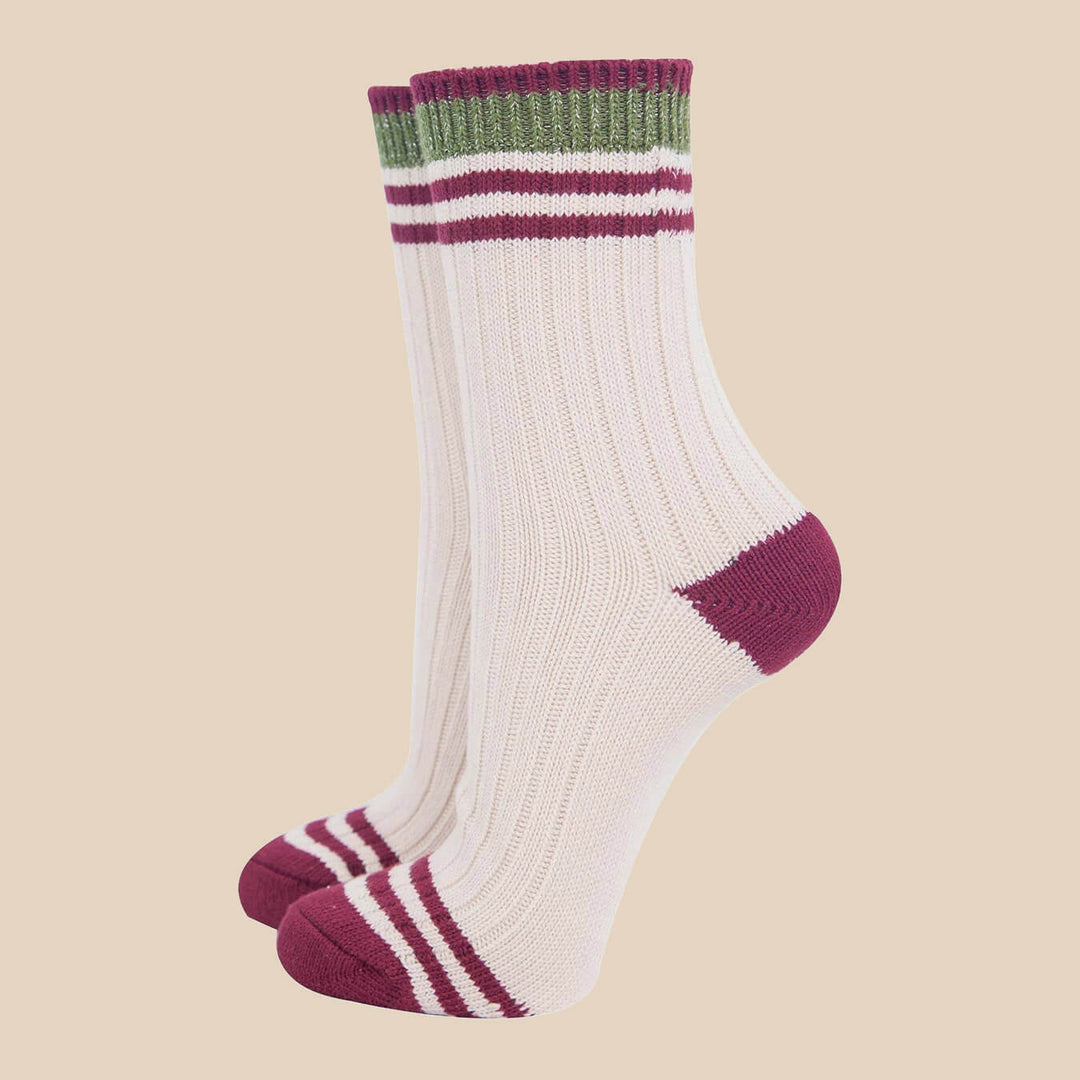 Mid-Calf Socks- Cream/Khaki, Striped Cuff