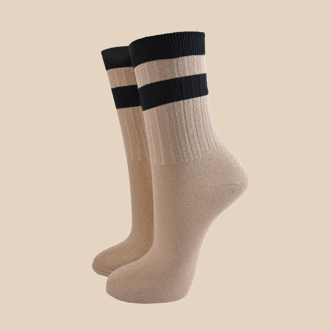Glitter Socks - Gold/Black, Stripe Cuff