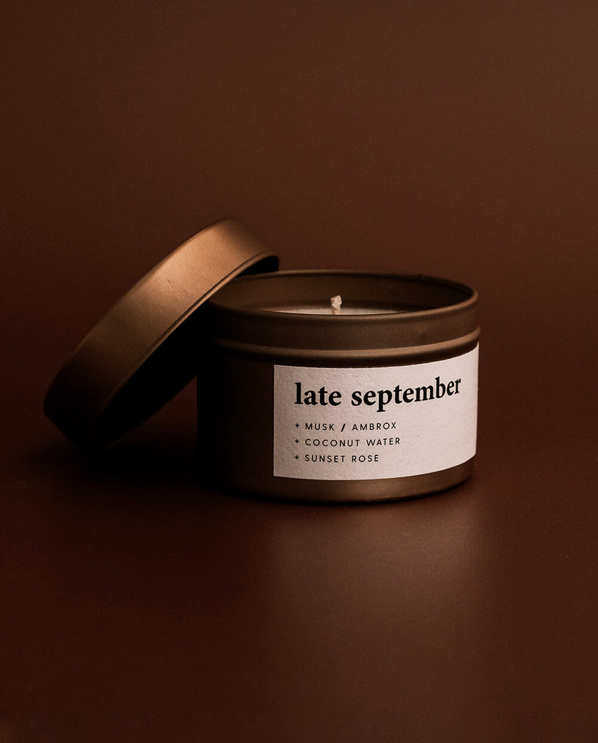late september | small rose gold tin candle