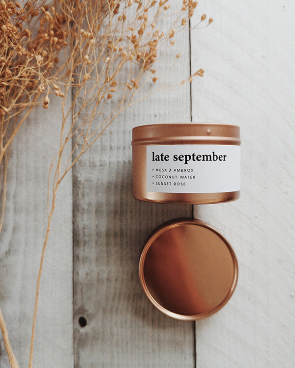 late september | small rose gold tin candle